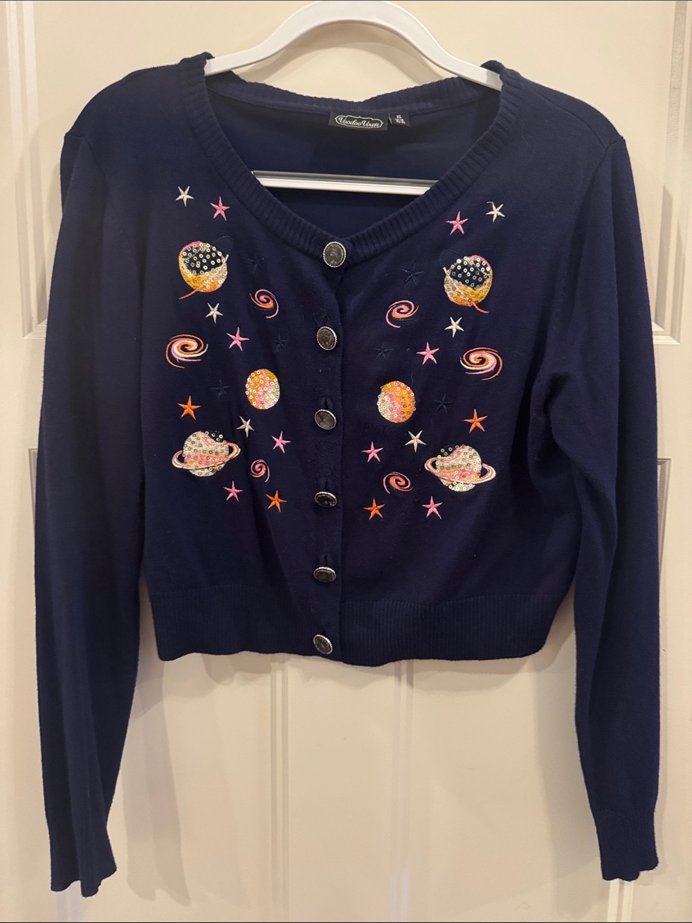 Voodoo Vixen Navy Embroidered Space-Print Button Cardigan